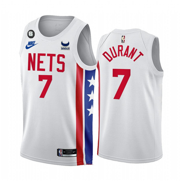 Men's Brooklyn Nets #7 Kevin Durant 2022/23 White With Patch Classic Edition With NO.6 Patch Stitched Basketball Jersey